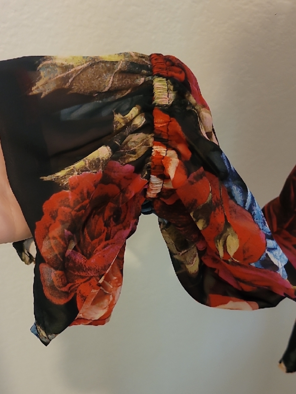 Show Me Your MuMu Black Floral Mock-Neck Blouse with Red, Blue & Yellow Roses - Picture 4 of 5